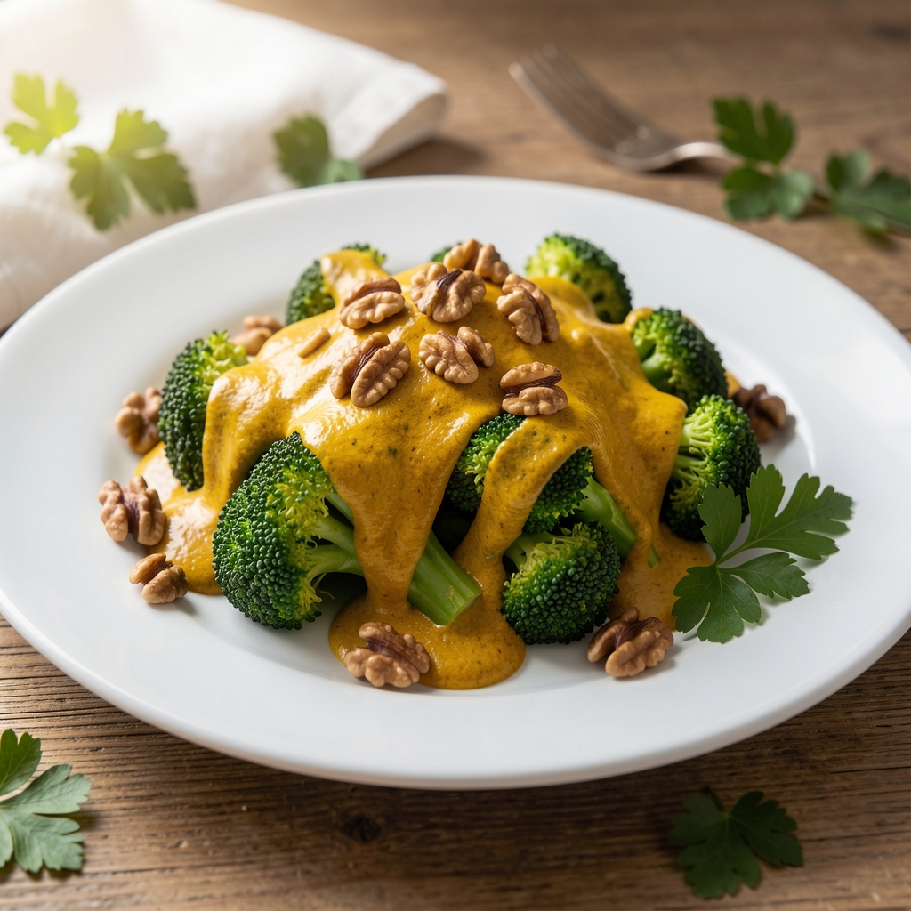 Gedämpfter Brokkoli mit goldgelbem Kurkuma-Dressing und gerösteten Walnüssen auf weißem Teller, frische Petersilie, natürliches Tageslicht von der Seite