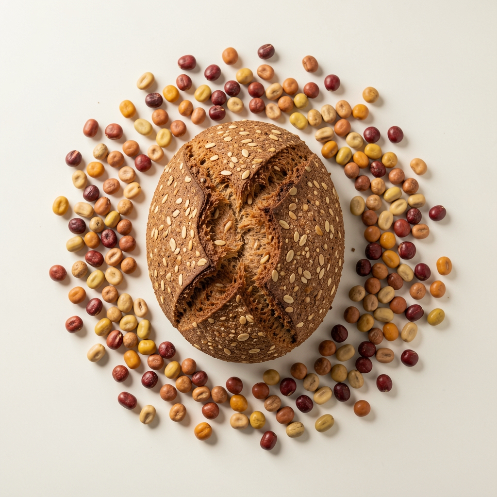 Vollkornbrot, Hülsenfrüchte und grünes Blattgemüse auf hellem Untergrund, natürliches Licht, Draufsicht auf magnesiumreiche Zutaten